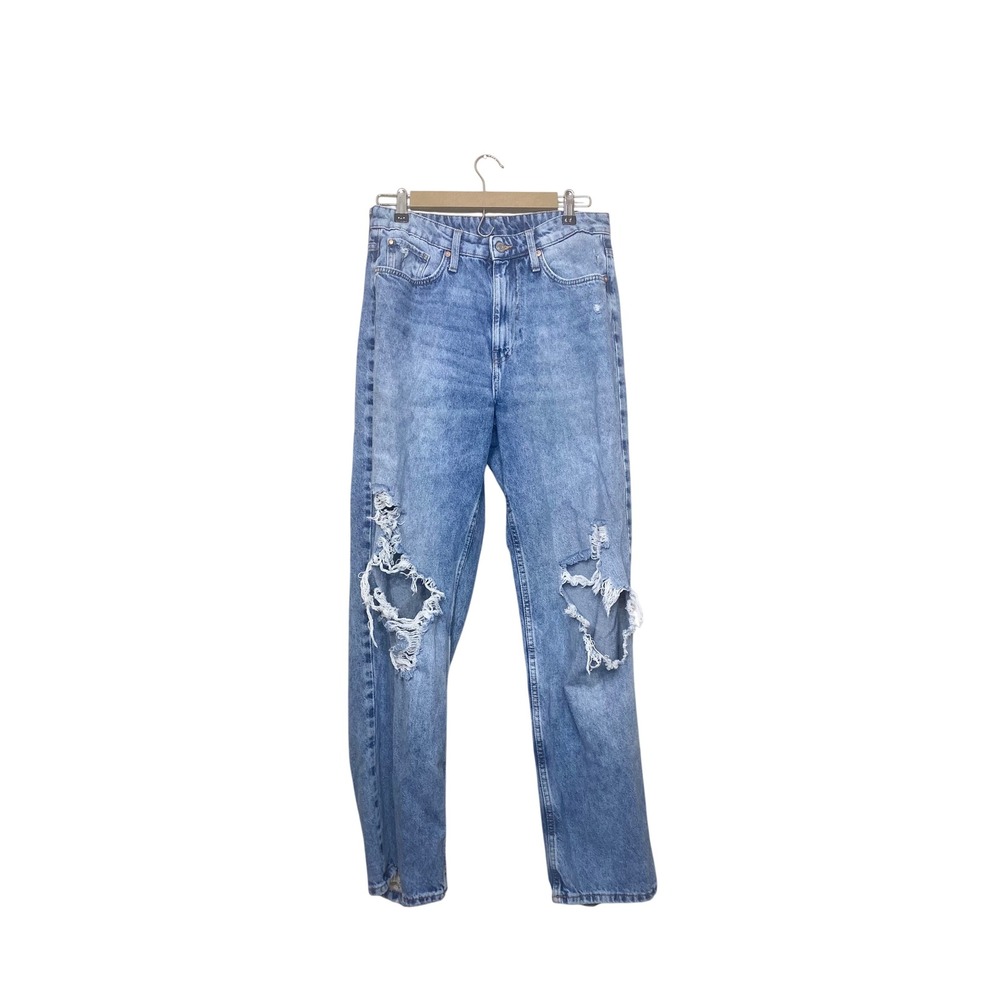 H&M &Denim Loose Straight High Waist Distressed‎ Jeans Blue Women Size 10